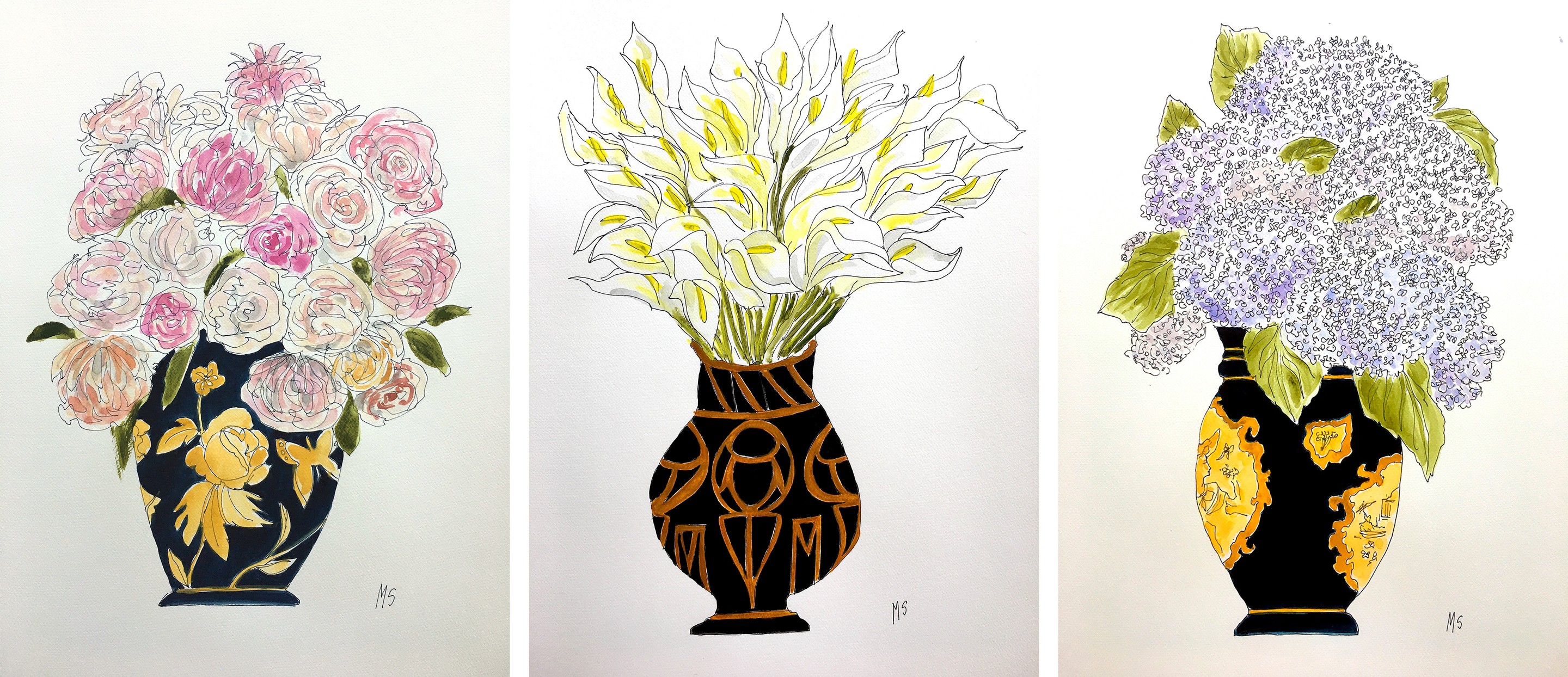 Manuel Santelices, Orchids, Calla Lilly and Hydrangeas, Triptych Manuel Santelices, Orchids, Calla Lilly and Hydrangeas, Triptych