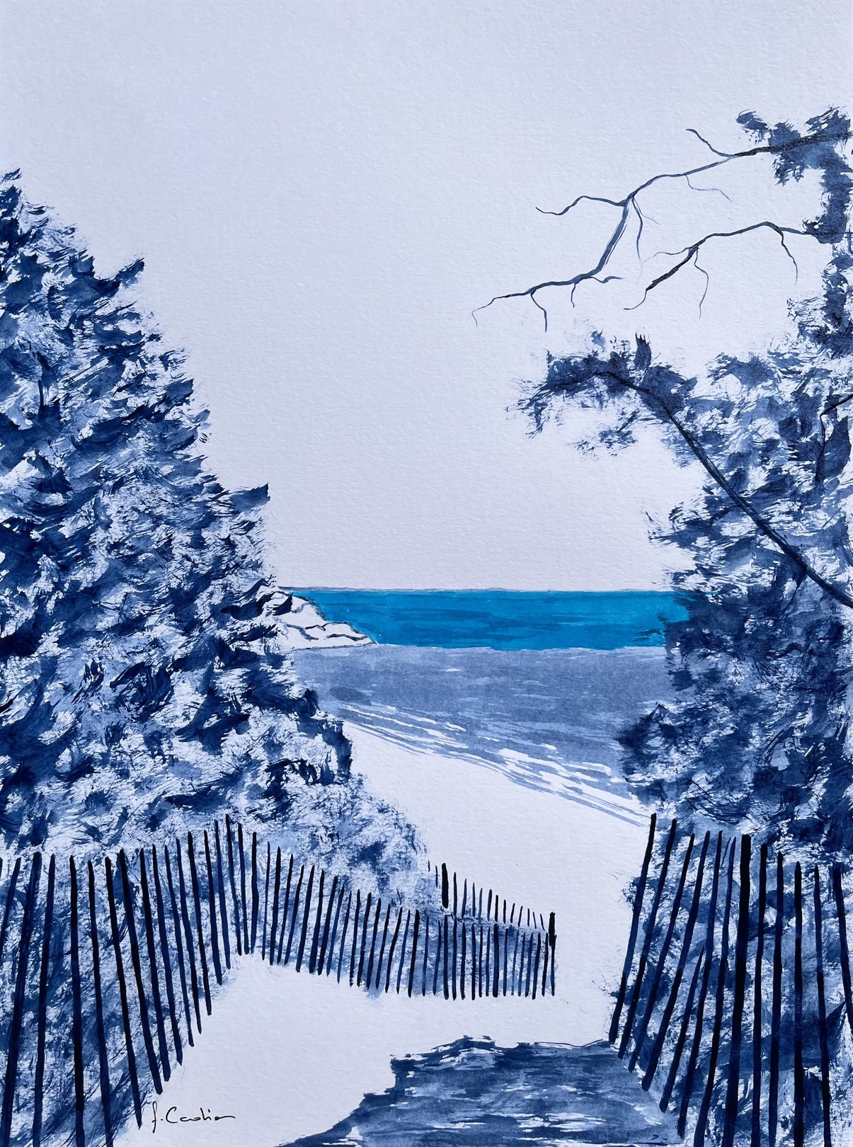 Frédéric Cadiou, Plage du grand Sperone - Encre indigo Frédéric Cadiou, Plage du grand Sperone - Encre indigo