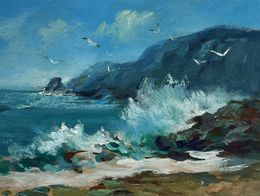 Gemälde, Sea waves crash against the rocks, Suprunchuk Yuriy