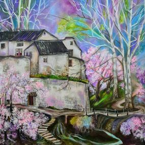 Painting, A house in the woods. Cherry blossom - landscape of the Volsky? Lily?, Lilya Volskaya