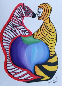 Peinture, Zebra and wasp sharing fruit, Serge Lecomte