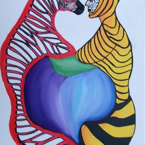 Gemälde, Zebra and wasp sharing fruit, Serge Lecomte