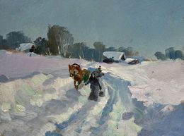 Gemälde, Winter journey with a horse, Suprunchuk Yuriy