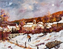 Painting, Winter in old village, Pol Ledent