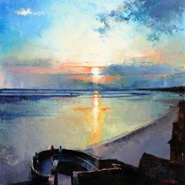 Painting, L'éveil du jour sur les remparts du Mont-Saint-Michel, Jean-Yves Fremaux