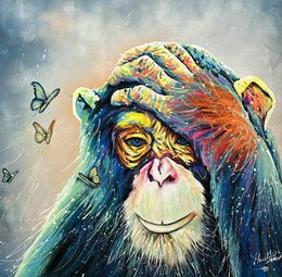 Painting, Monkey with Butterfly, Hani Badawi Leo
