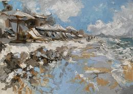 Peinture, Grey Beach Day. Parasols.#2, Schagen Vita