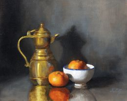 Gemälde, Brass Pot and Clementines - Nature morte, Nicole Le Gall