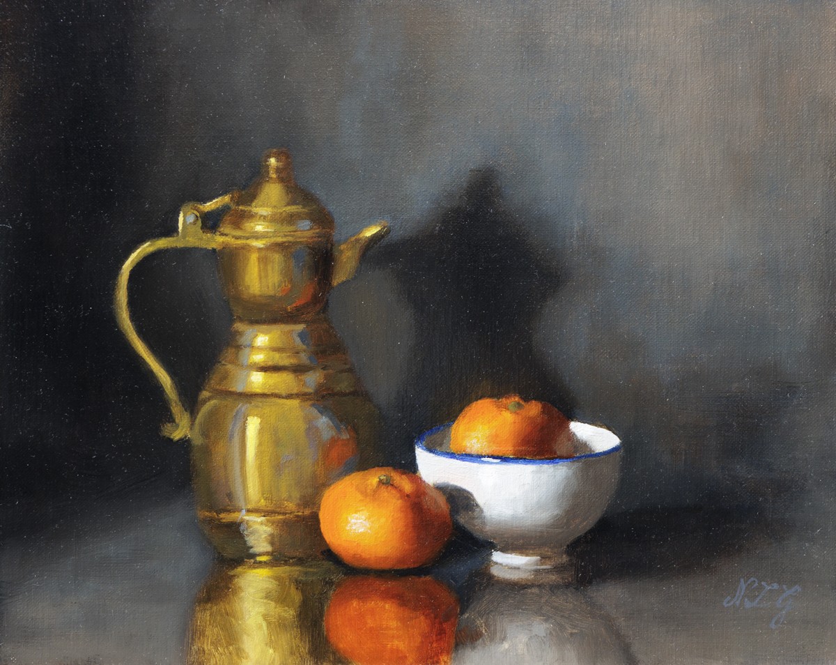 Nicole Le Gall, Brass Pot and Clementines - Nature morte Nicole Le Gall, Brass Pot and Clementines - Nature morte