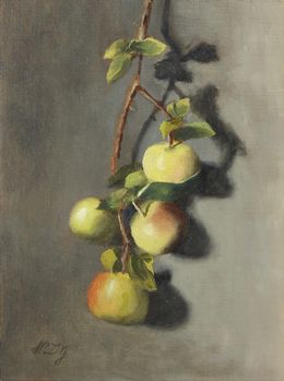 Gemälde, Quatre Pommes sur une Branche - Nature morte, Nicole Le Gall