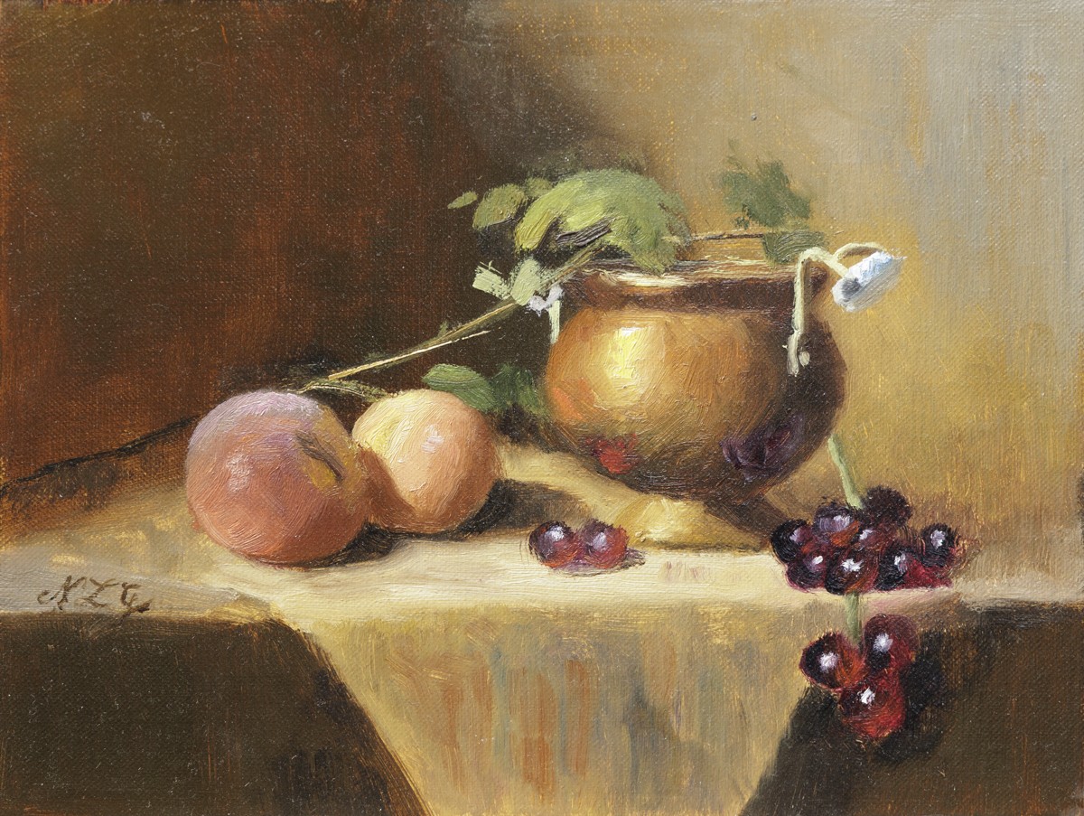 Nicole Le Gall, Nature morte aux pêches et raisins - Nature morte Nicole Le Gall, Nature morte aux pêches et raisins - Nature morte