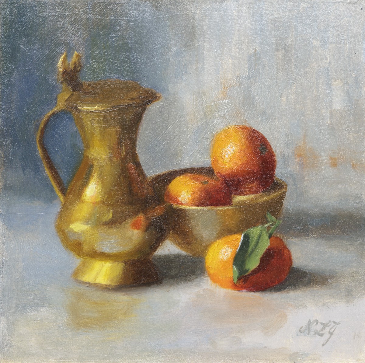 Nicole Le Gall, Brass Ewer and Clementines - Nature morte Nicole Le Gall, Brass Ewer and Clementines - Nature morte