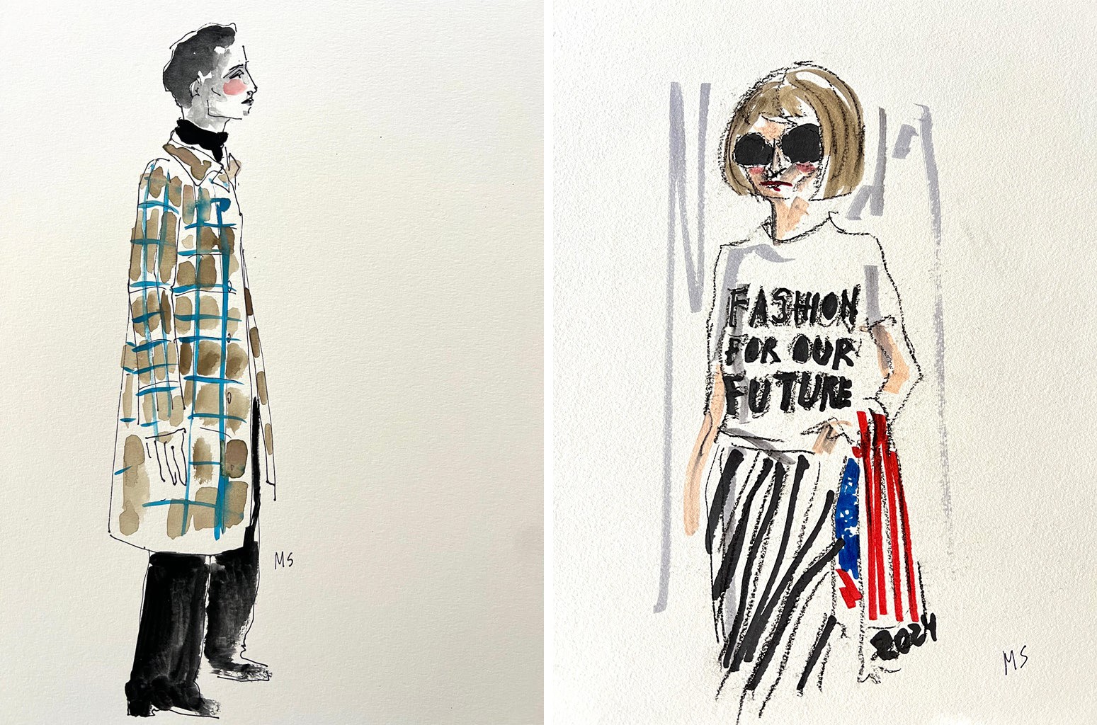 Manuel Santelices, Man in a blue and brown coat and Fashion for our Future, Diptych Manuel Santelices, Man in a blue and brown coat and Fashion for our Future, Diptych