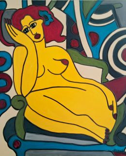 Peinture, Elle pense à son amoureux, nue sur un fauteuil, Patricia Kleyman