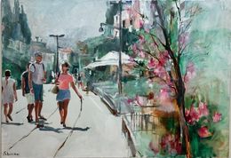 Gemälde, Urban Scene with Bougainvillea, Shirley Padureanu