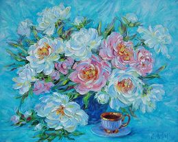 Gemälde, Peonies on blue, Olga Artim