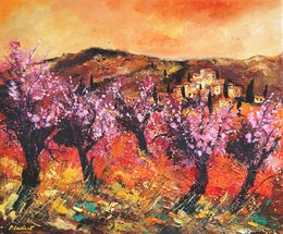 Painting, Blooming cherrytrees in Provence, Pol Ledent