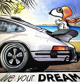 Painting, Snoopy vit son rêve, la Porsche sur la Côte d'Azur, Patrick Cornée