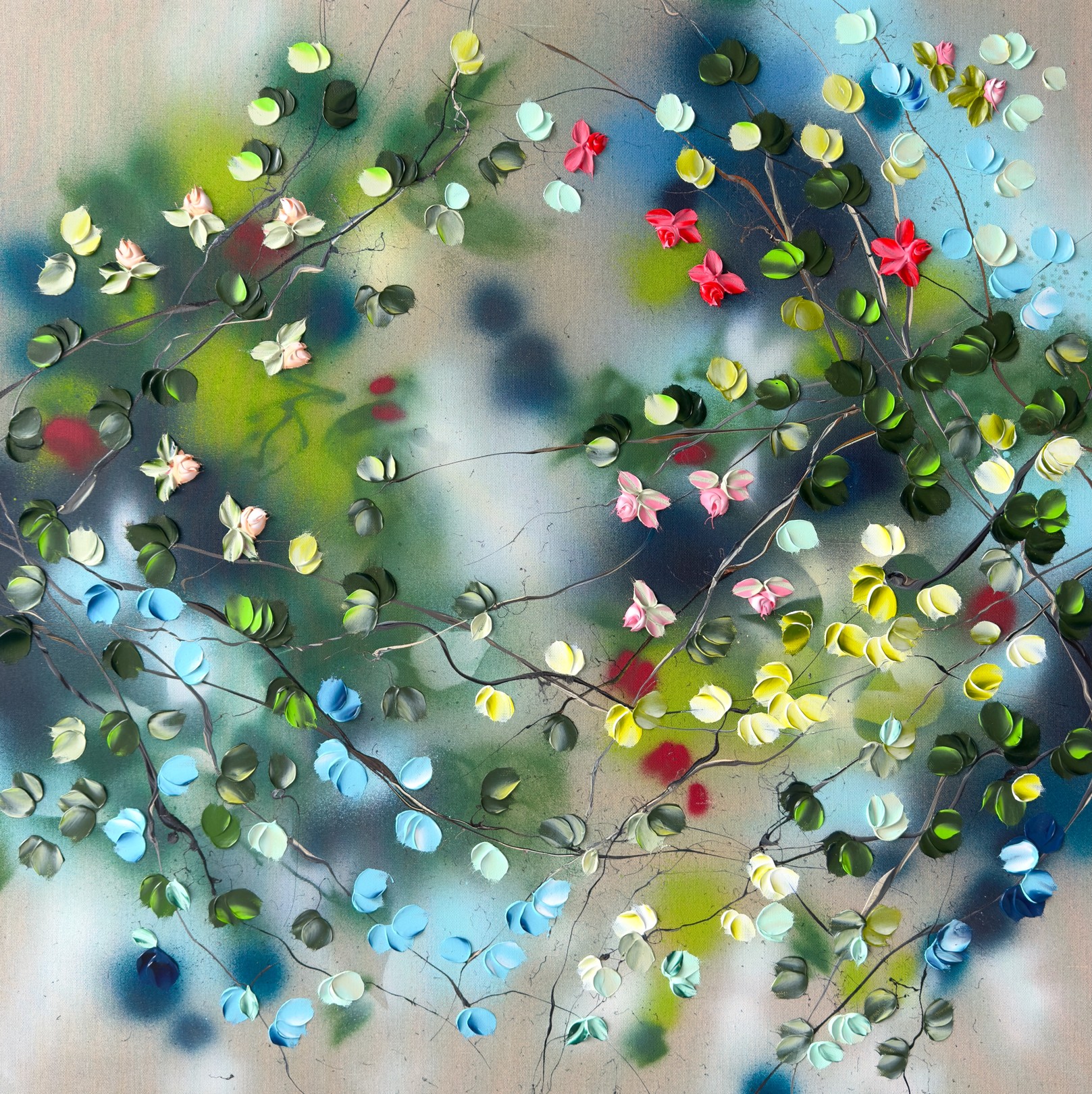 Anastassia Skopp, The Smell of Roses II - modern colorful floral artwork on linen canvas Anastassia Skopp, The Smell of Roses II - modern colorful floral artwork on linen canvas