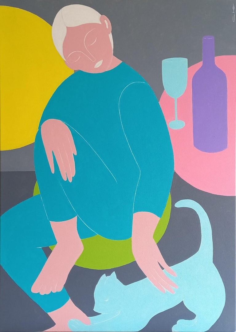 Sasha Katinauskiene, With a blue cat. At the pink table Sasha Katinauskiene, With a blue cat. At the pink table