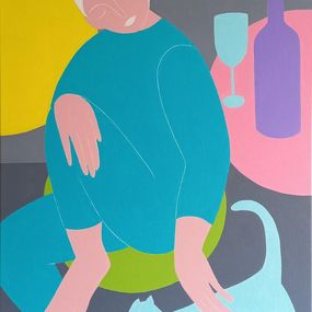 Gemälde, With a blue cat. At the pink table, Sasha Katinauskiene