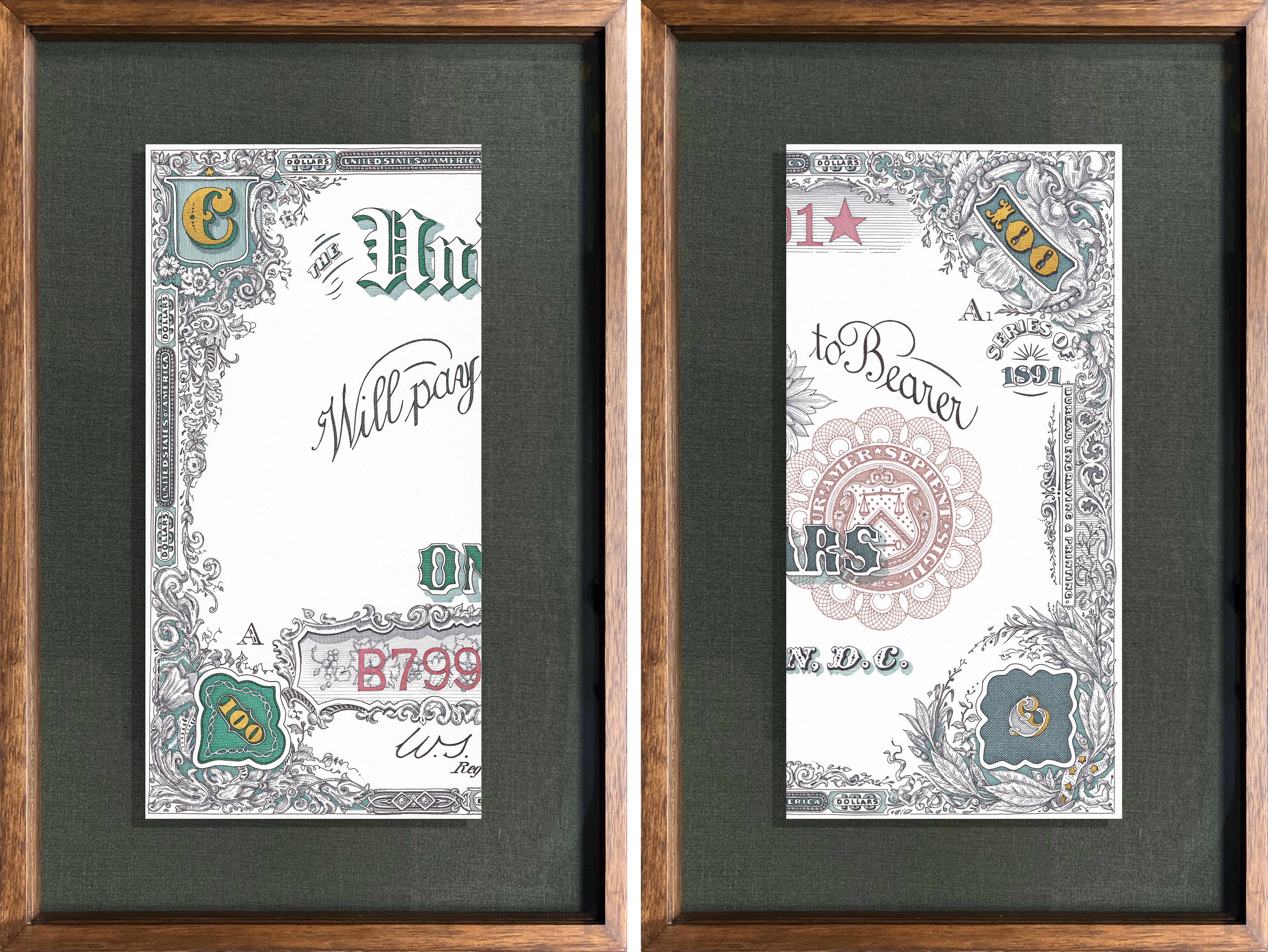 Rodrigo Spinel, 300K, 100 obverse left and right. watermelon note diptych Rodrigo Spinel, 300K, 100 obverse left and right. watermelon note diptych