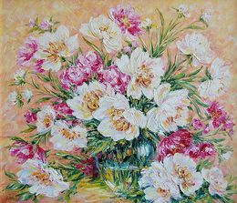 Painting, Peonies on apricot background, Olga Artim
