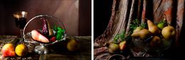 Photography, Peras en almíbar de vino rojo II and Peras con cortina marroquí. Diptych, Dora Franco