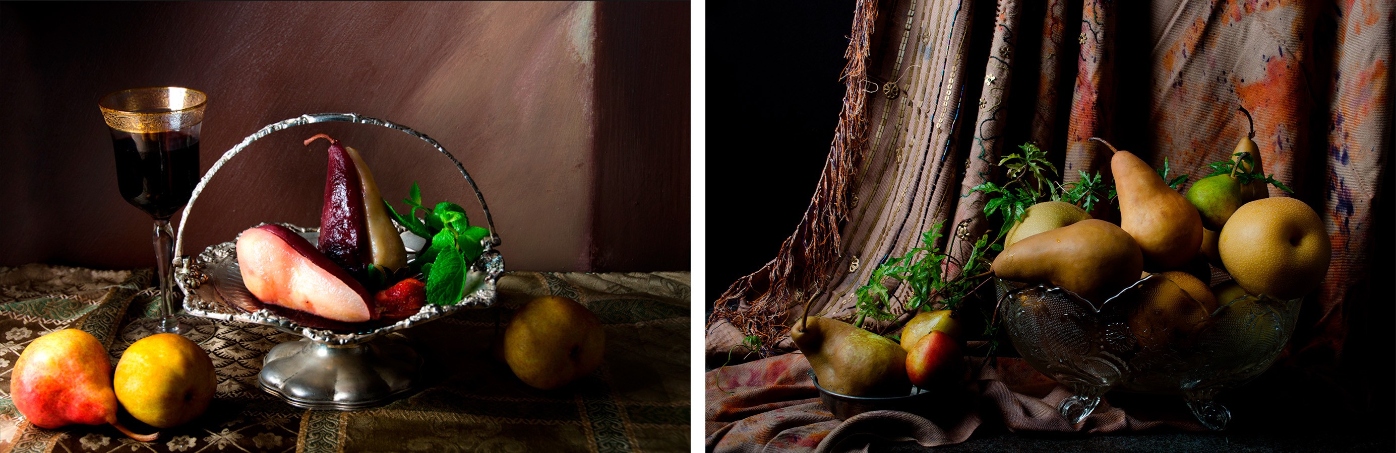 Dora Franco, Peras en almíbar de vino rojo II and Peras con cortina marroquí. Diptych Dora Franco, Peras en almíbar de vino rojo II and Peras con cortina marroquí. Diptych