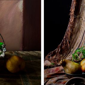 Photography, Peras en almíbar de vino rojo II and Peras con cortina marroquí. Diptych, Dora Franco