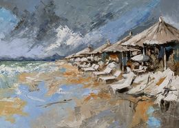 Peinture, Grey Beach Day. Parasols, Schagen Vita