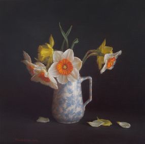 Gemälde, Daffodils in a milk jug, Irina Trushkova