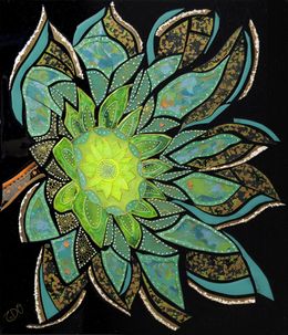 Gemälde, La fleur de verre et ses petites bêtes - Série fleur stylisée, Thalye d'Oriam