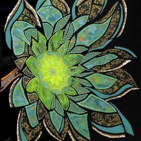 Gemälde, La fleur de verre et ses petites bêtes - Série fleur stylisée, Thalye d'Oriam