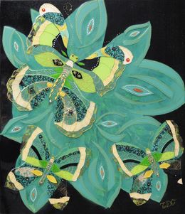 Gemälde, Une histoire de fleur et de papillons - Série fleur stylisée, Thalye d'Oriam