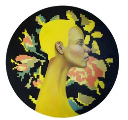Gemälde, Yellow Woman on Circular Wood Panel - Exchange Currency nº5, Natasha Lelenco