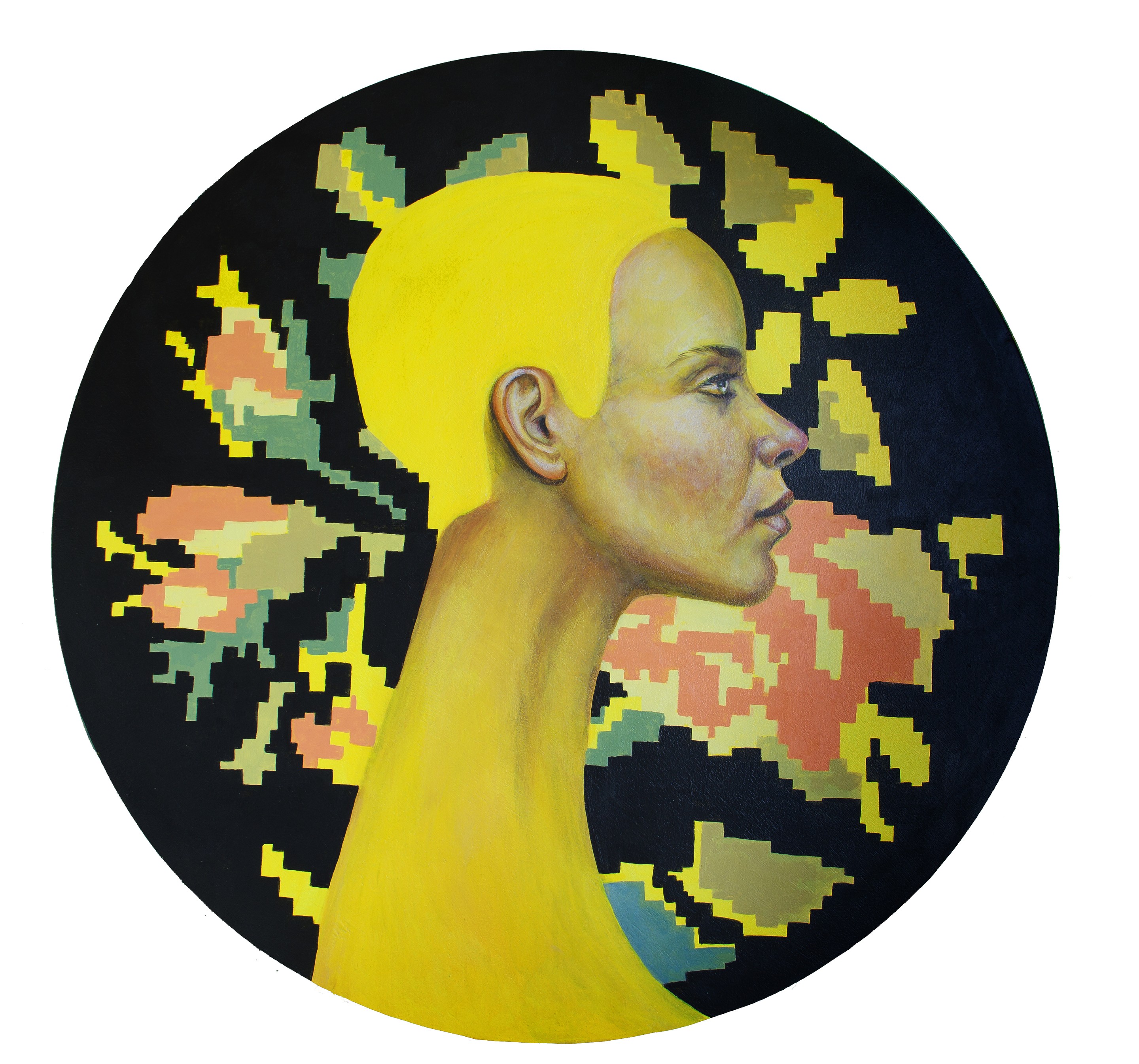 Natasha Lelenco, Yellow Woman on Circular Wood Panel - Exchange Currency nº5 Natasha Lelenco, Yellow Woman on Circular Wood Panel - Exchange Currency nº5