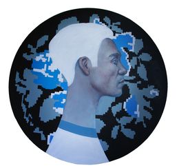 Gemälde, Profile Portrait of a Man on Floral Background - Exchange Currency nº4, Natasha Lelenco