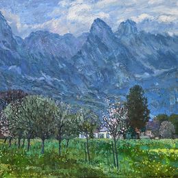 Gemälde, Spring evening in the Alps, Nadezda Stupina