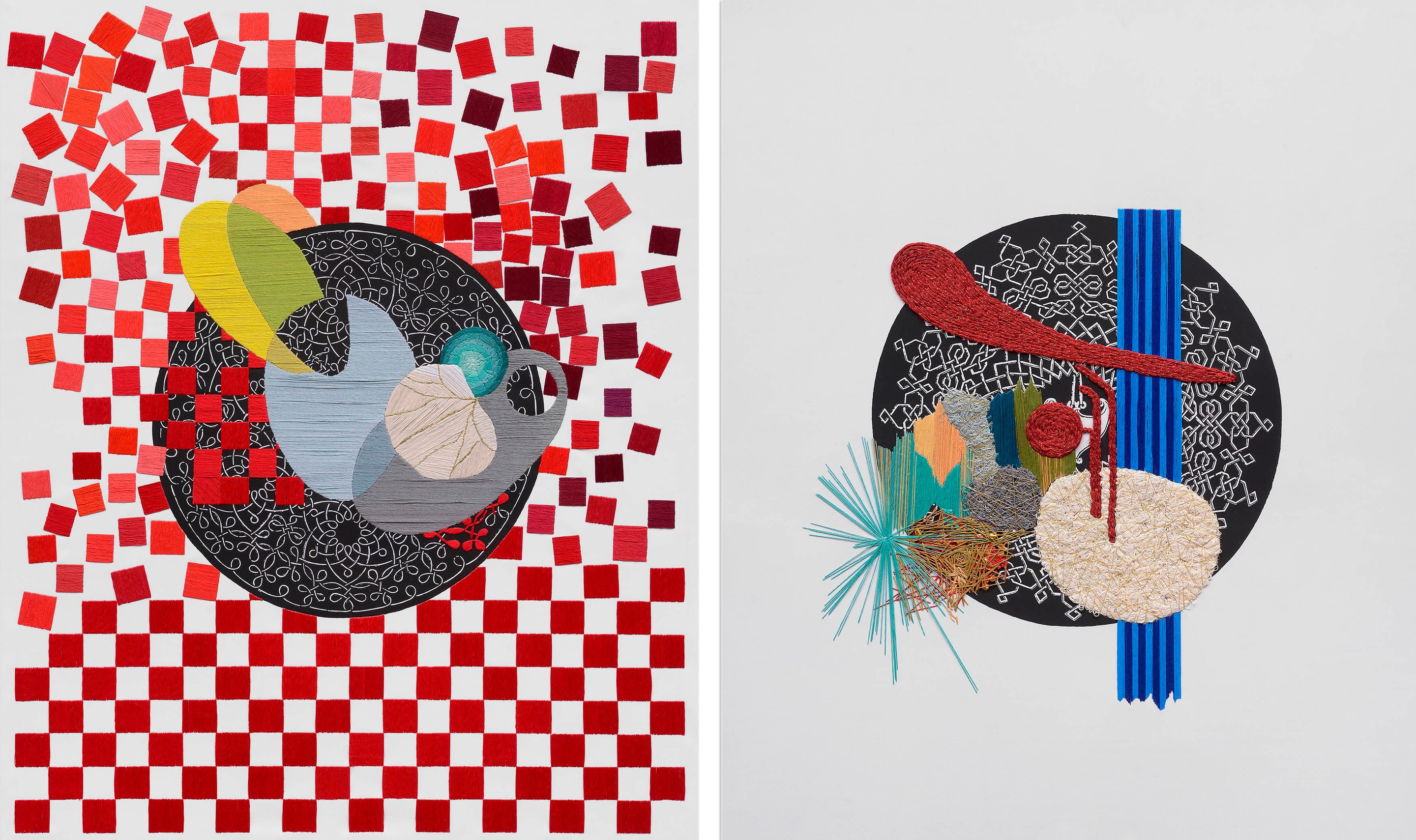 Ana Seggiaro, Untitled III & II Diptych, Hand Embroidery on printed cloth Ana Seggiaro, Untitled III & II Diptych, Hand Embroidery on printed cloth