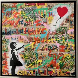 Peinture, Girl with the Balloon x StreetArt x Haring - I Love you (Gold), Koen Betjes