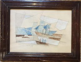 Dessin, Late Art Deco Period Cubist Nautical Harbour Scene, Yan Bernard Morel
