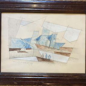 Zeichnungen, Late Art Deco Period Cubist Nautical Harbour Scene, Yan Bernard Morel
