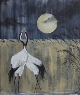Painting, Deux grues enlacées sous la lune, Peggy Cardoso