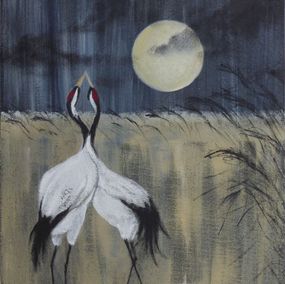 Peinture, Deux grues enlacées sous la lune, Peggy Cardoso