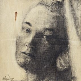 Dessin, #6 Grethe - Série: Woman on wood, portrait de femme, Affagard