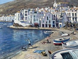 Painting, Platja, nen i barca a Cadaqués, Ramon Moscardó