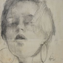 Dessin, #42 Anna K. - Série: Woman on wood, portrait de femme, Affagard