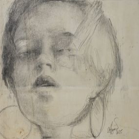 Dessin, #42 Anna K. - Série: Woman on wood, portrait de femme, Affagard