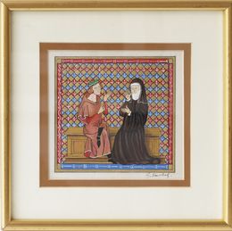 Peinture, "La leçon ou la rencontre Abelard Héloise" - Enluminure médiévale, Georges Souchal